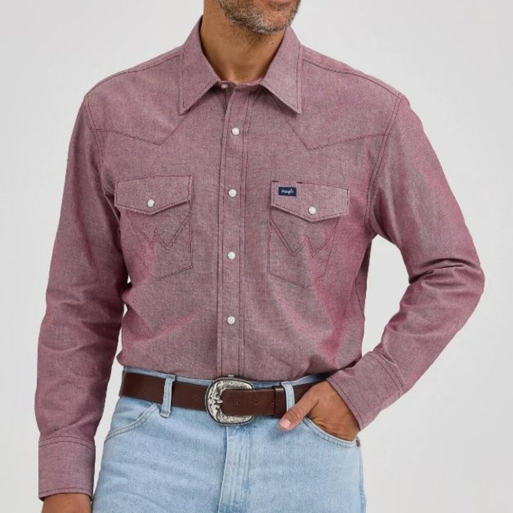 Wrangler Cowboy Cut Men's L/S Wine Chambray Snap Work Shirt